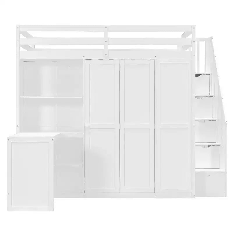 Lit mezzanine moderne pleine grandeur Luxystar avec armoire, bureau, étagères et panneaux de porte pliants