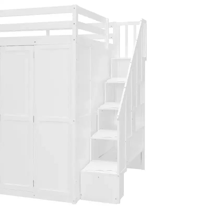 Lit mezzanine moderne pleine grandeur Luxystar avec armoire, bureau, étagères et panneaux de porte pliants