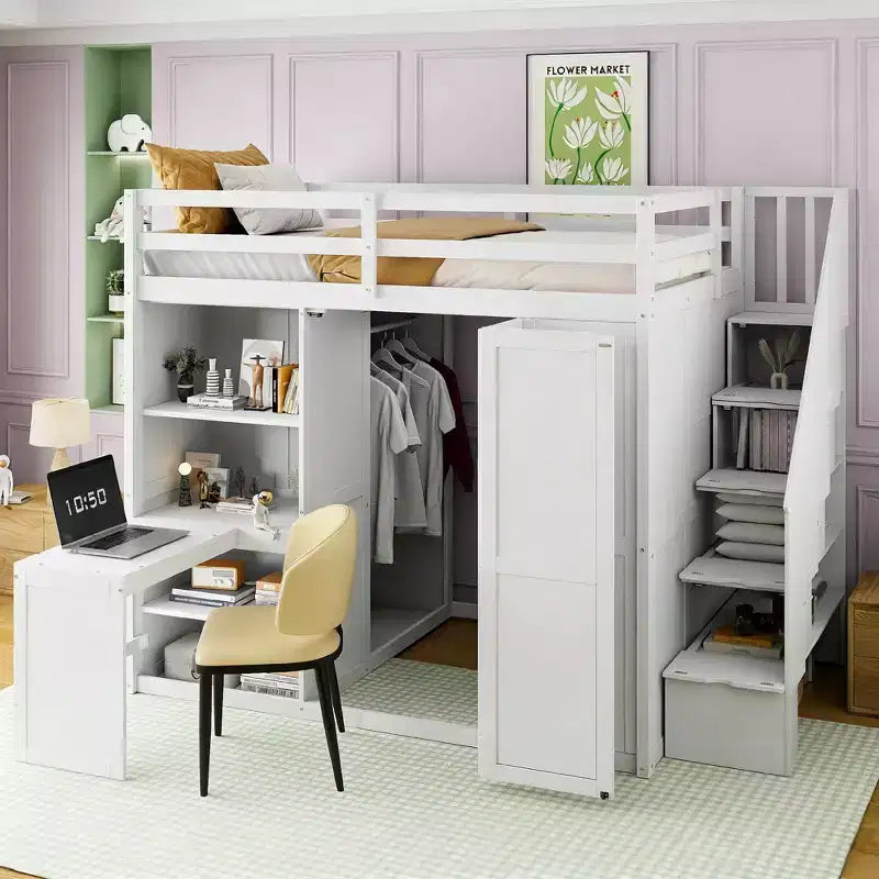 Lit mezzanine moderne pleine grandeur Luxystar avec armoire, bureau, étagères et panneaux de porte pliants