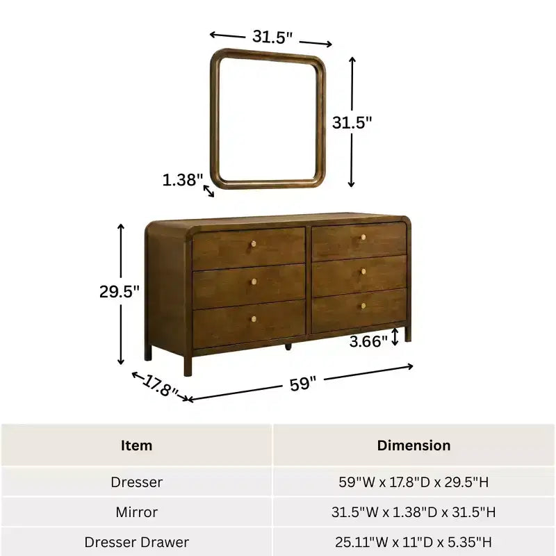 Commode 6 tiroirs en bois Eldren de Roundhill Furniture avec miroir, finition noyer
