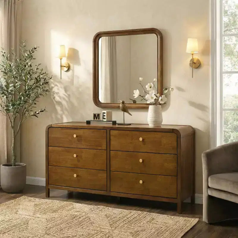Commode 6 tiroirs en bois Eldren de Roundhill Furniture avec miroir, finition noyer