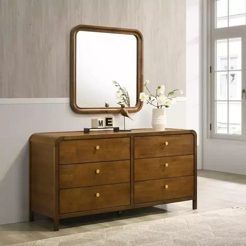 Commode 6 tiroirs en bois Eldren de Roundhill Furniture avec miroir, finition noyer