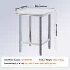Table de préparation en acier inoxydable, 24 x 24 x 31 pouces, capacité de charge de 700 livres, établi en métal robuste avec hauteur réglable