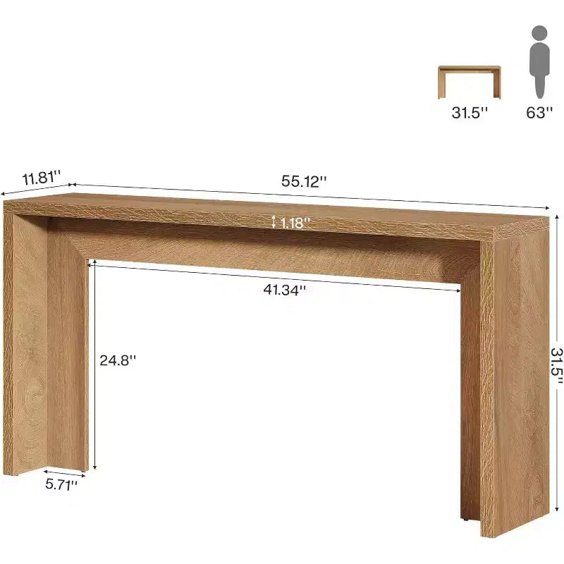 Table console de ferme Lantine de 55 pouces : en bois, avec rangement, design long et étroit. Convient pour le salon, l'entrée, le couloir. Couleur marron clair.