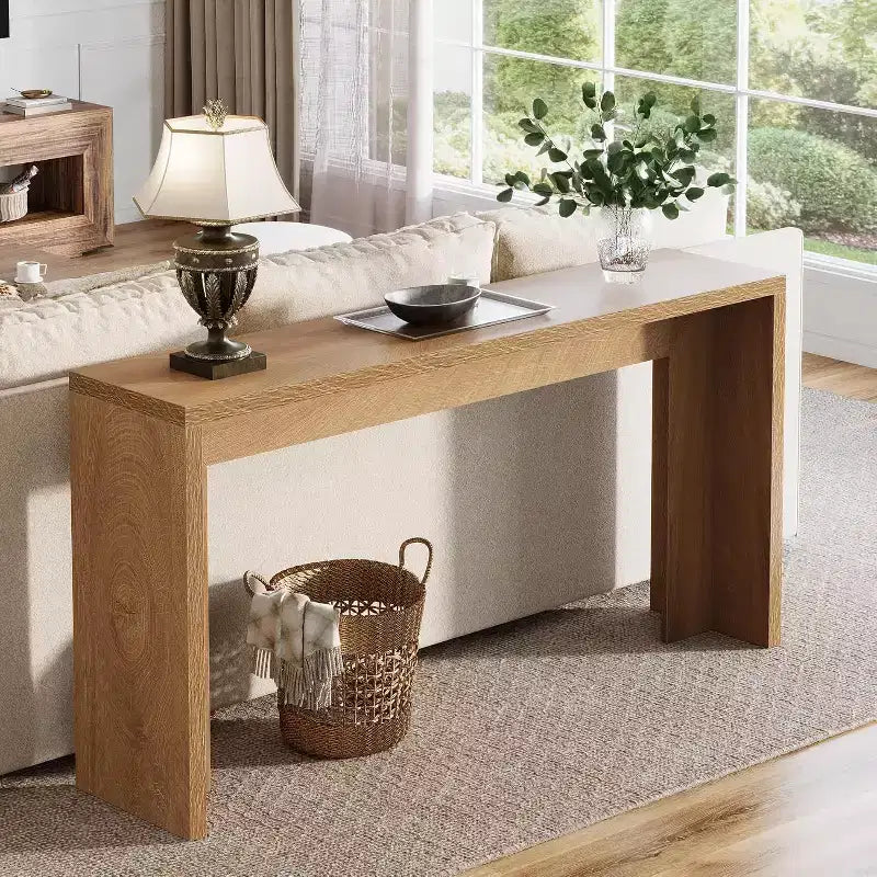 Table console de ferme Lantine de 55 pouces : en bois, avec rangement, design long et étroit. Convient pour le salon, l'entrée, le couloir. Couleur marron clair.