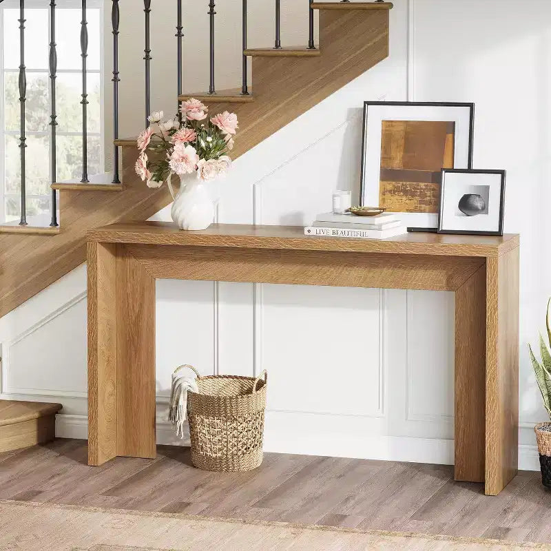 Table console de ferme Lantine de 55 pouces : en bois, avec rangement, design long et étroit. Convient pour le salon, l'entrée, le couloir. Couleur marron clair.