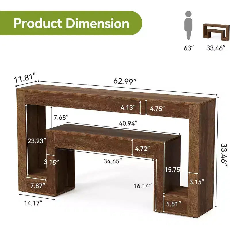 Table console de ferme Lantine 63 po en bois avec étagère à 2 niveaux, conception étroite pour entrée, couloir, salon (brun rustique)