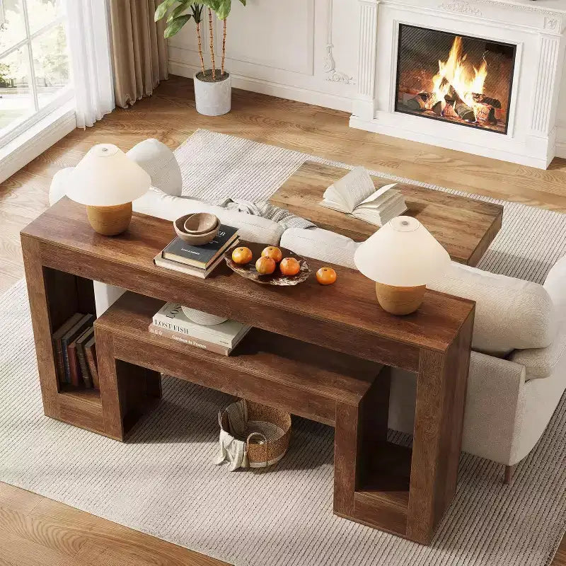 Table console de ferme Lantine 63 po en bois avec étagère à 2 niveaux, conception étroite pour entrée, couloir, salon (brun rustique)