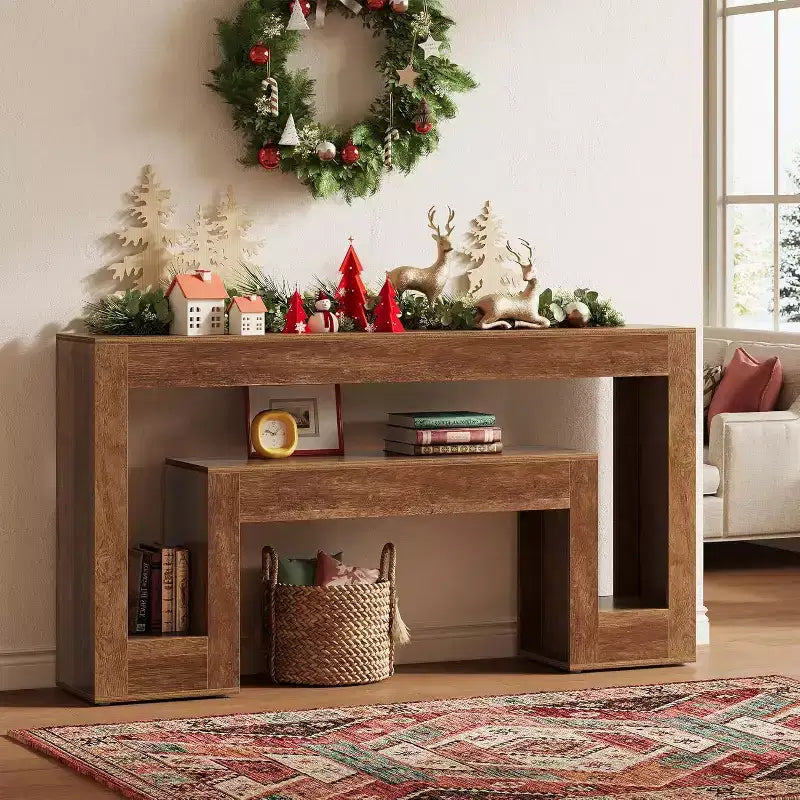 Table console de ferme Lantine 63 po en bois avec étagère à 2 niveaux, conception étroite pour entrée, couloir, salon (brun rustique)