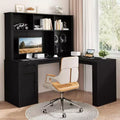 MooxvMoo L Shaped Desk with Outlets, Drawers and Bookshelf, Modern Corner Computer Desk for Home Office or Gaming, Black