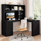 MooxvMoo L Shaped Desk with Outlets, Drawers and Bookshelf, Modern Corner Computer Desk for Home Office or Gaming, Black