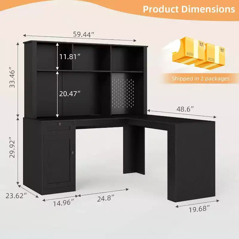 Bureau d'angle en L MooxvMoo avec prises, tiroirs et étagère, bureau d'ordinateur d'angle moderne pour bureau à domicile ou jeu, noir