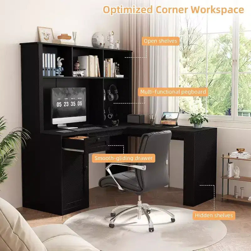 Bureau d'angle en L MooxvMoo avec prises, tiroirs et étagère, bureau d'ordinateur d'angle moderne pour bureau à domicile ou jeu, noir