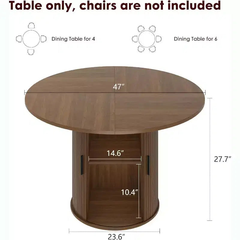 Table de salle à manger ronde de 47 po pour 4 personnes, table de cuisine avec étagère de rangement à 2 niveaux et porte coulissante en bois pour salle à manger ou salon