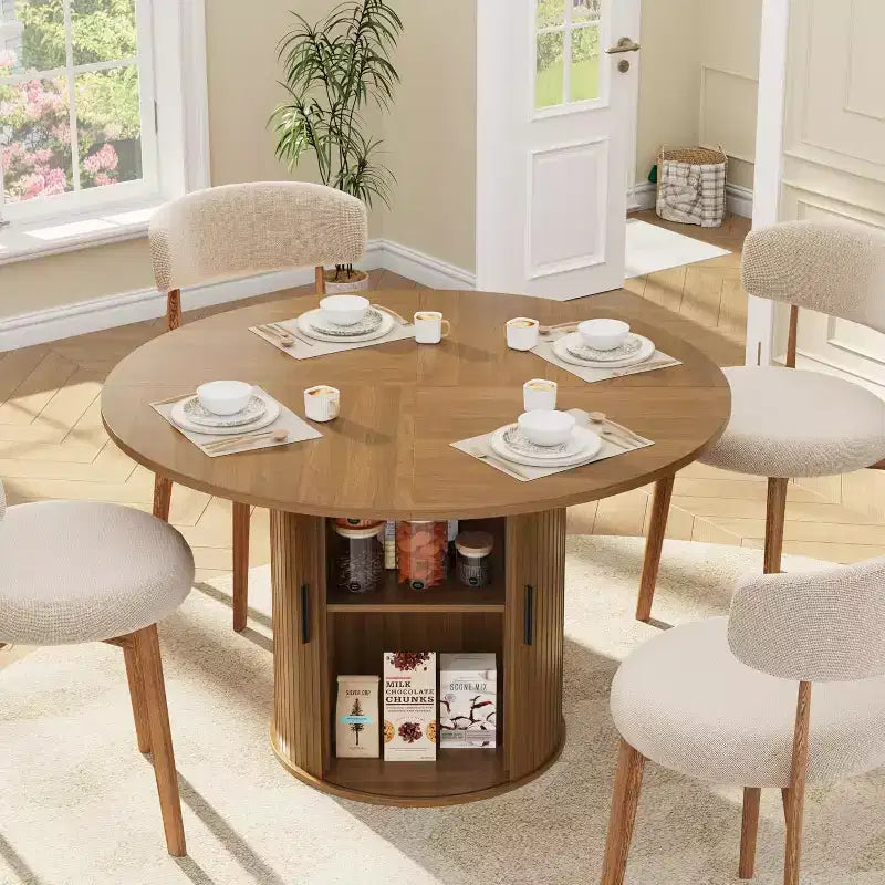 Table de salle à manger ronde de 47 po pour 4 personnes, table de cuisine avec étagère de rangement à 2 niveaux et porte coulissante en bois pour salle à manger ou salon