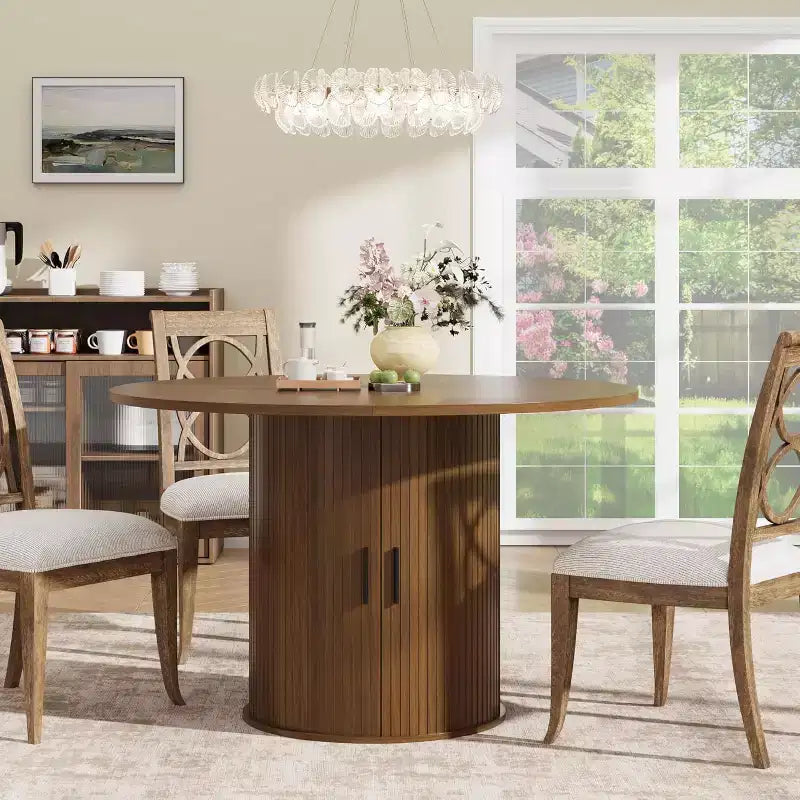 Table de salle à manger ronde de 47 po pour 4 personnes, table de cuisine avec étagère de rangement à 2 niveaux et porte coulissante en bois pour salle à manger ou salon