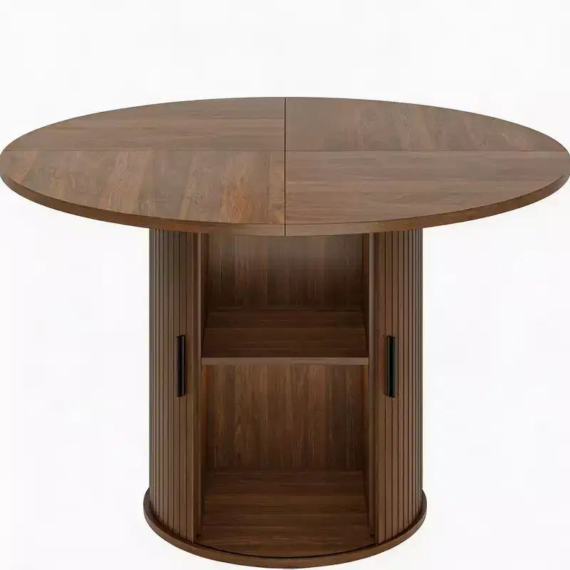 Table de salle à manger ronde de 47 po pour 4 personnes, table de cuisine avec étagère de rangement à 2 niveaux et porte coulissante en bois pour salle à manger ou salon