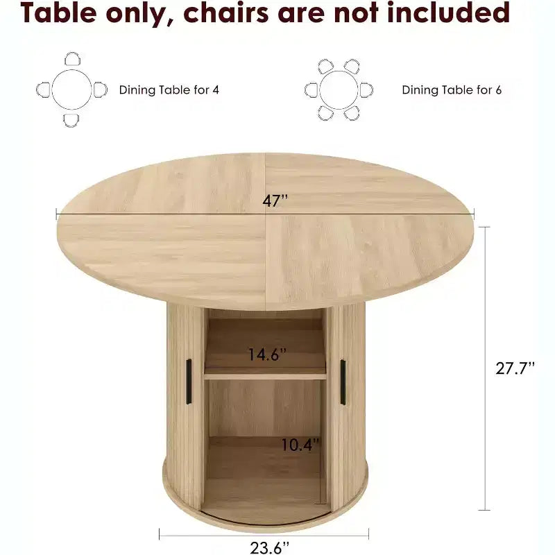 Table de salle à manger ronde de 47 po pour 4 personnes, table de cuisine avec étagère de rangement à 2 niveaux et porte coulissante en bois pour salle à manger ou salon
