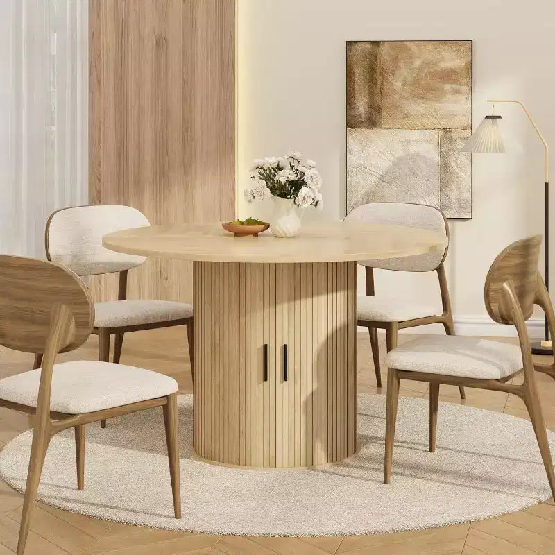 Table de salle à manger ronde de 47 po pour 4 personnes, table de cuisine avec étagère de rangement à 2 niveaux et porte coulissante en bois pour salle à manger ou salon