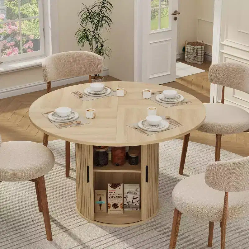Table de salle à manger ronde de 47 po pour 4 personnes, table de cuisine avec étagère de rangement à 2 niveaux et porte coulissante en bois pour salle à manger ou salon