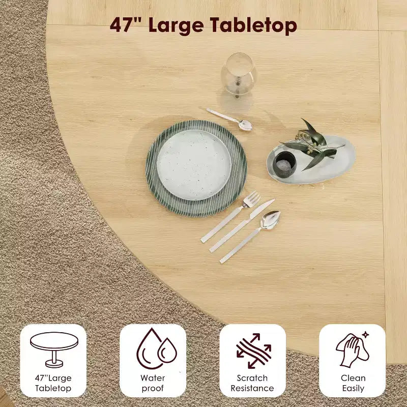 Table de salle à manger ronde de 47 po pour 4 personnes, table de cuisine avec étagère de rangement à 2 niveaux et porte coulissante en bois pour salle à manger ou salon