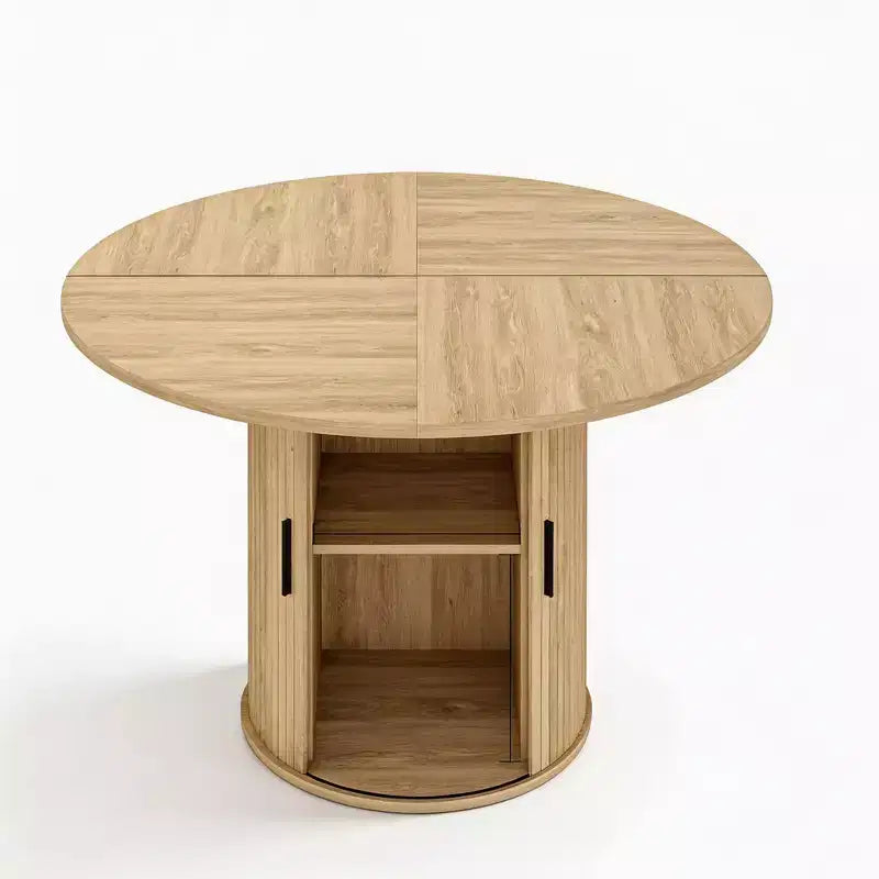 Table de salle à manger ronde de 47 po pour 4 personnes, table de cuisine avec étagère de rangement à 2 niveaux et porte coulissante en bois pour salle à manger ou salon