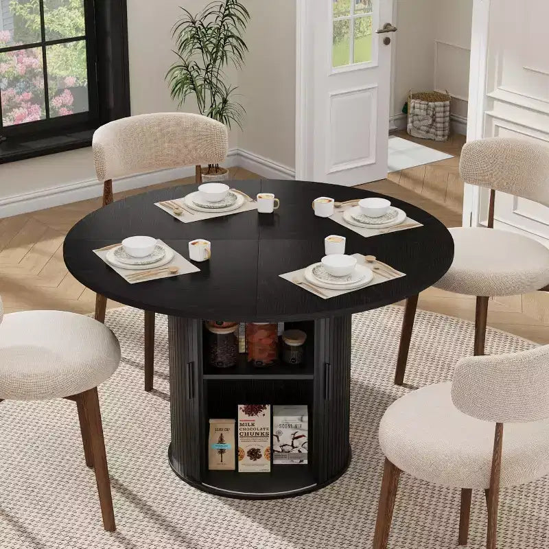Table de salle à manger ronde de 47 po pour 4 personnes, table de cuisine avec étagère de rangement à 2 niveaux et porte coulissante en bois pour salle à manger ou salon