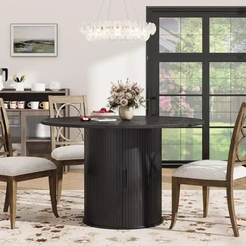 Table de salle à manger ronde de 47 po pour 4 personnes, table de cuisine avec étagère de rangement à 2 niveaux et porte coulissante en bois pour salle à manger ou salon