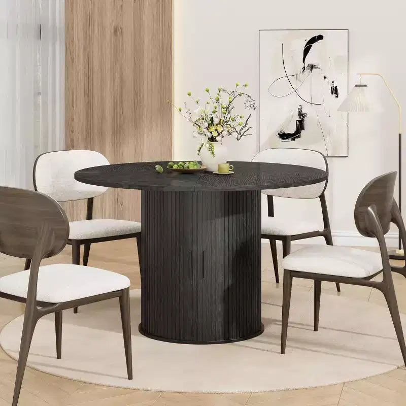 Table de salle à manger ronde de 47 po pour 4 personnes, table de cuisine avec étagère de rangement à 2 niveaux et porte coulissante en bois pour salle à manger ou salon