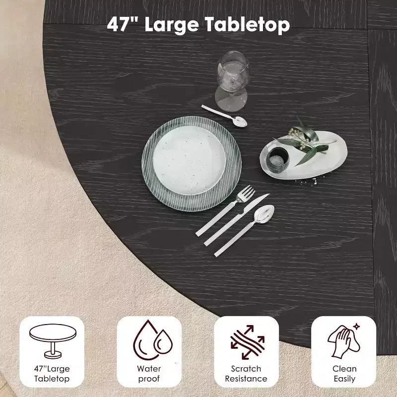 Table de salle à manger ronde de 47 po pour 4 personnes, table de cuisine avec étagère de rangement à 2 niveaux et porte coulissante en bois pour salle à manger ou salon