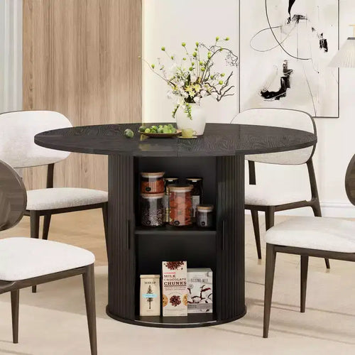 47 Round Dining Table for 4, Kitchen Dinner Table with 2-Tier Storage Shelf and Sliding Wood Door for Dining Room or Living Room