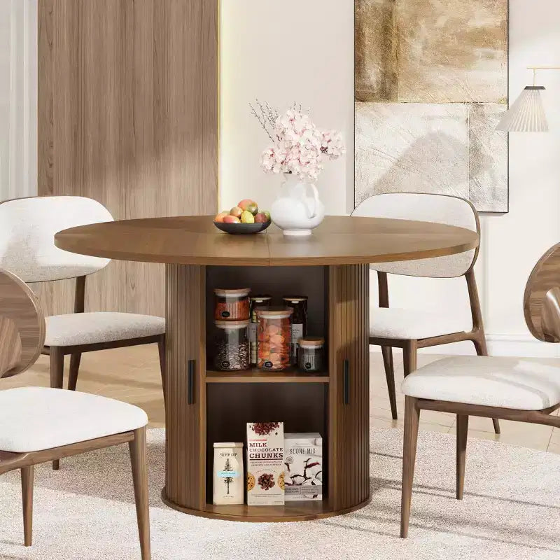 Table de salle à manger ronde de 47 po pour 4 personnes, table de cuisine avec étagère de rangement à 2 niveaux et porte coulissante en bois pour salle à manger ou salon