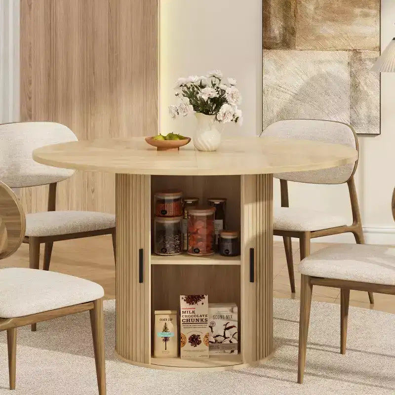 Table de salle à manger ronde de 47 po pour 4 personnes, table de cuisine avec étagère de rangement à 2 niveaux et porte coulissante en bois pour salle à manger ou salon