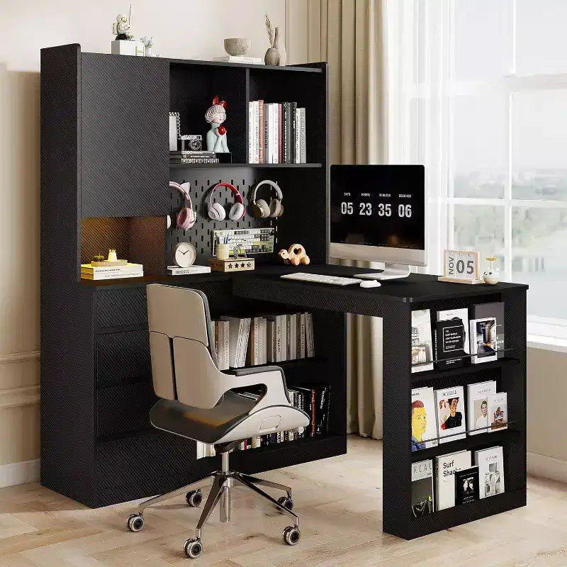 MooxvMoo L Shaped Wooden Right Desk with LED Lights, Drawers and Bookshelf, Modern Corner Computer Table for Home Office and Gaming, Black
