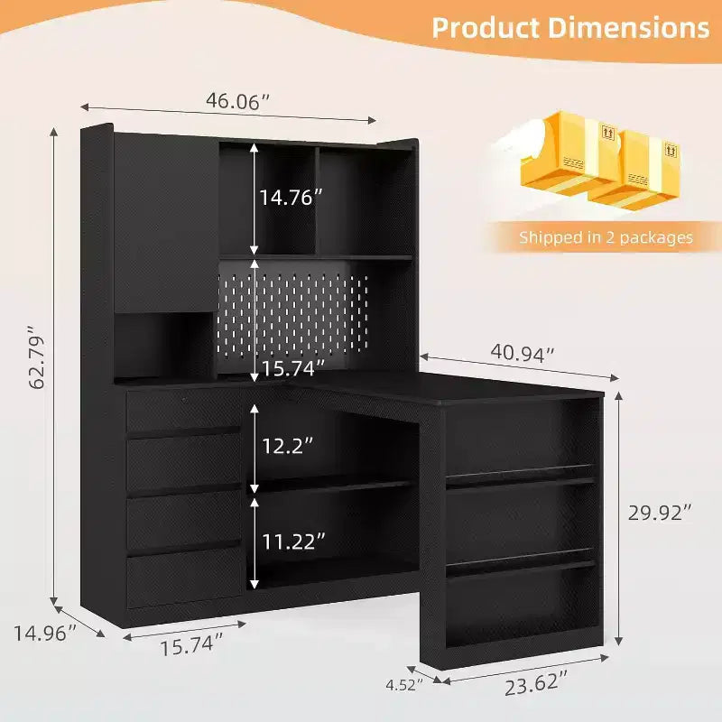 Bureau d'angle en L MooxvMoo en bois avec lumières LED, tiroirs et étagère, table d'ordinateur d'angle moderne pour bureau à domicile et jeux, Noir
