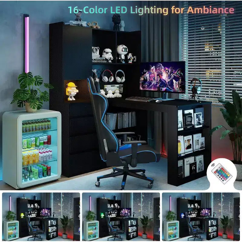 Bureau d'angle en L MooxvMoo en bois avec lumières LED, tiroirs et étagère, table d'ordinateur d'angle moderne pour bureau à domicile et jeux, Noir