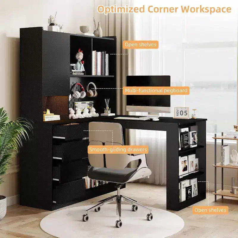 Bureau d'angle en L MooxvMoo en bois avec lumières LED, tiroirs et étagère, table d'ordinateur d'angle moderne pour bureau à domicile et jeux, Noir