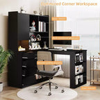 Bureau d'angle en L MooxvMoo en bois avec lumières LED, tiroirs et étagère, table d'ordinateur d'angle moderne pour bureau à domicile et jeux, Noir