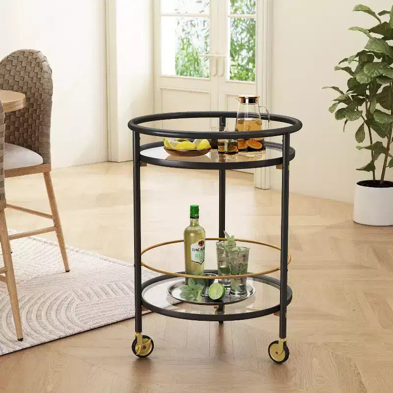 Christopher Knight Home Vincent Chariot de bar rond moderne avec étagères en verre trempé et 4 roulettes