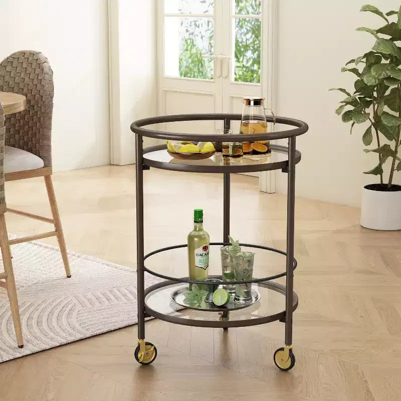 Christopher Knight Home Vincent Chariot de bar rond moderne avec étagères en verre trempé et 4 roulettes