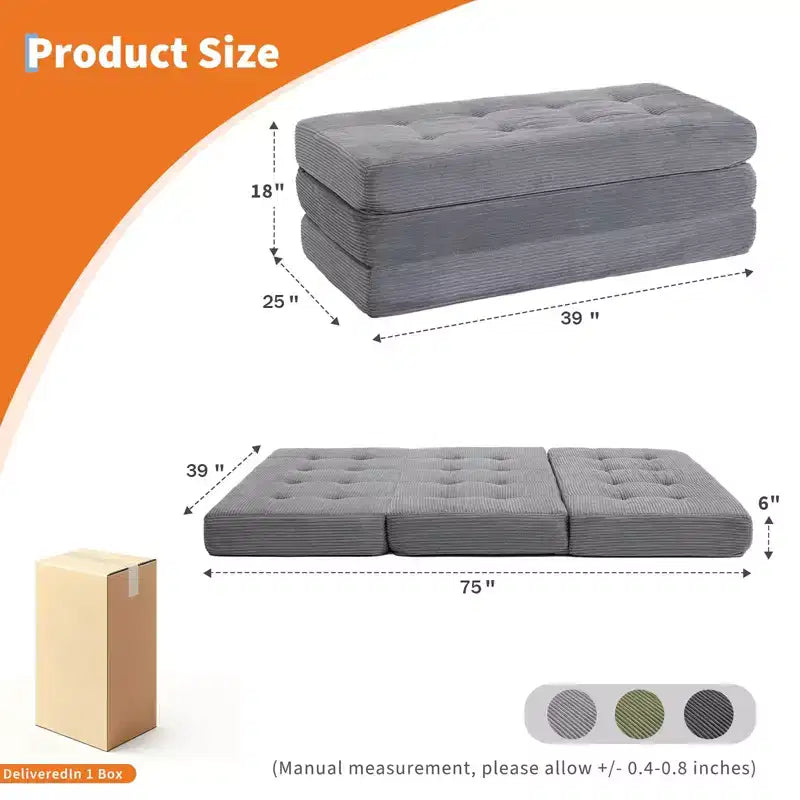 Matelas pliant Tri-Fold 75x39 pouces, 6 pouces d'épaisseur, en velours côtelé, lit d'appoint en mousse capitonnée, canapé portable et matelas de sol pour le camping et le salon