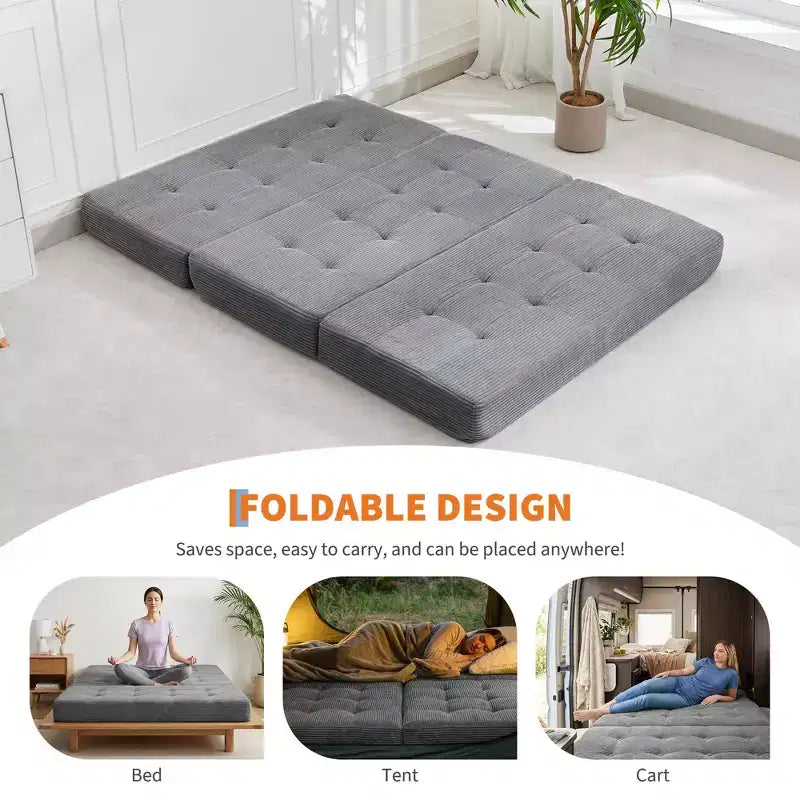 Matelas pliant Tri-Fold 75x39 pouces, 6 pouces d'épaisseur, en velours côtelé, lit d'appoint en mousse capitonnée, canapé portable et matelas de sol pour le camping et le salon