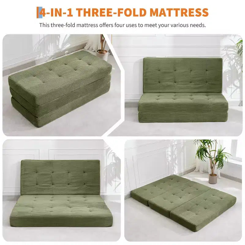 Matelas pliant Tri-Fold 75x39 pouces, 6 pouces d'épaisseur, en velours côtelé, lit d'appoint en mousse capitonnée, canapé portable et matelas de sol pour le camping et le salon