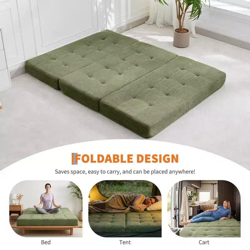 Matelas pliant Tri-Fold 75x39 pouces, 6 pouces d'épaisseur, en velours côtelé, lit d'appoint en mousse capitonnée, canapé portable et matelas de sol pour le camping et le salon