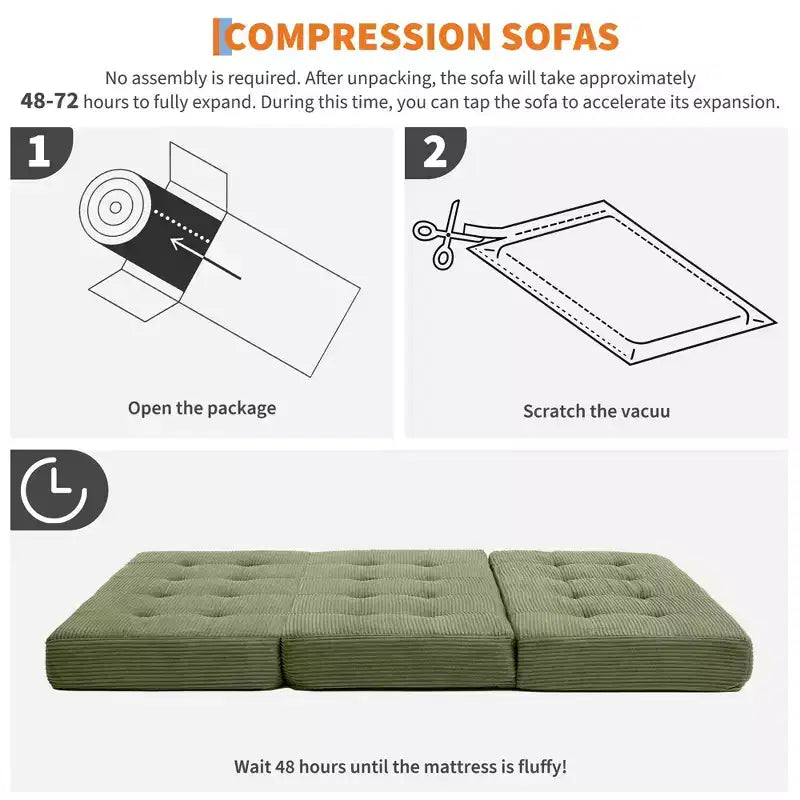 Matelas pliant Tri-Fold 75x39 pouces, 6 pouces d'épaisseur, en velours côtelé, lit d'appoint en mousse capitonnée, canapé portable et matelas de sol pour le camping et le salon