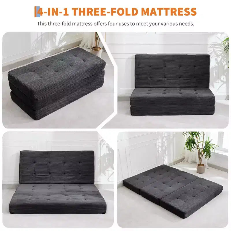 Matelas pliant Tri-Fold 75x39 pouces, 6 pouces d'épaisseur, en velours côtelé, lit d'appoint en mousse capitonnée, canapé portable et matelas de sol pour le camping et le salon