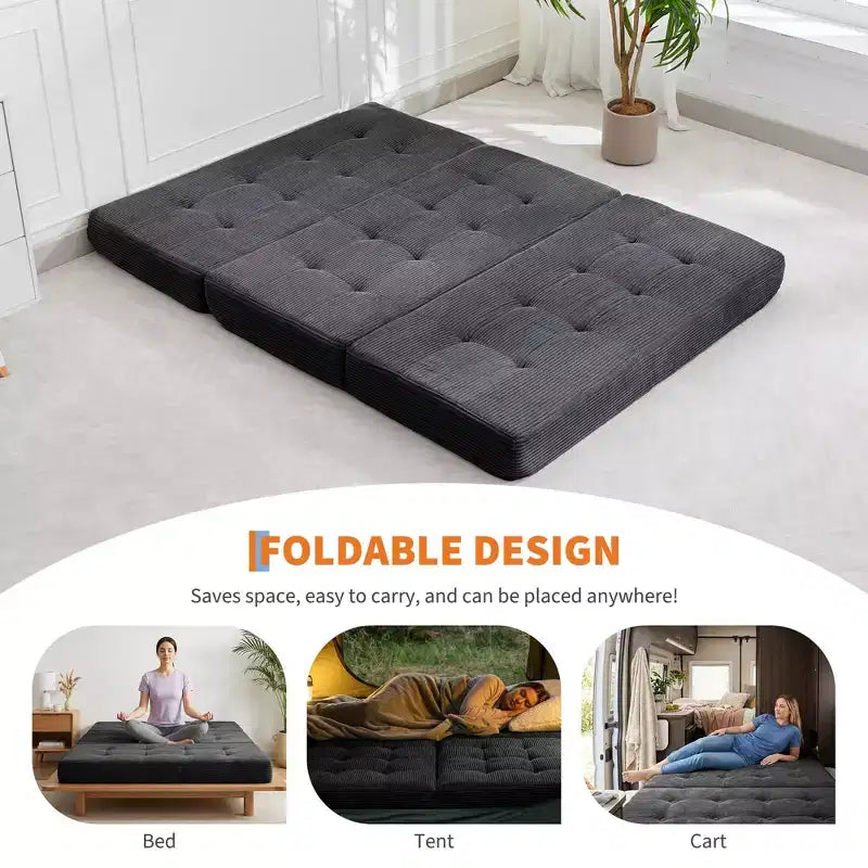 Matelas pliant Tri-Fold 75x39 pouces, 6 pouces d'épaisseur, en velours côtelé, lit d'appoint en mousse capitonnée, canapé portable et matelas de sol pour le camping et le salon