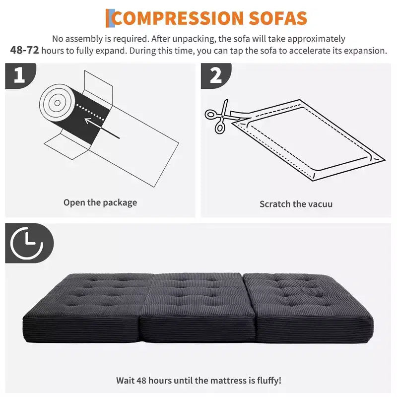 Matelas pliant Tri-Fold 75x39 pouces, 6 pouces d'épaisseur, en velours côtelé, lit d'appoint en mousse capitonnée, canapé portable et matelas de sol pour le camping et le salon