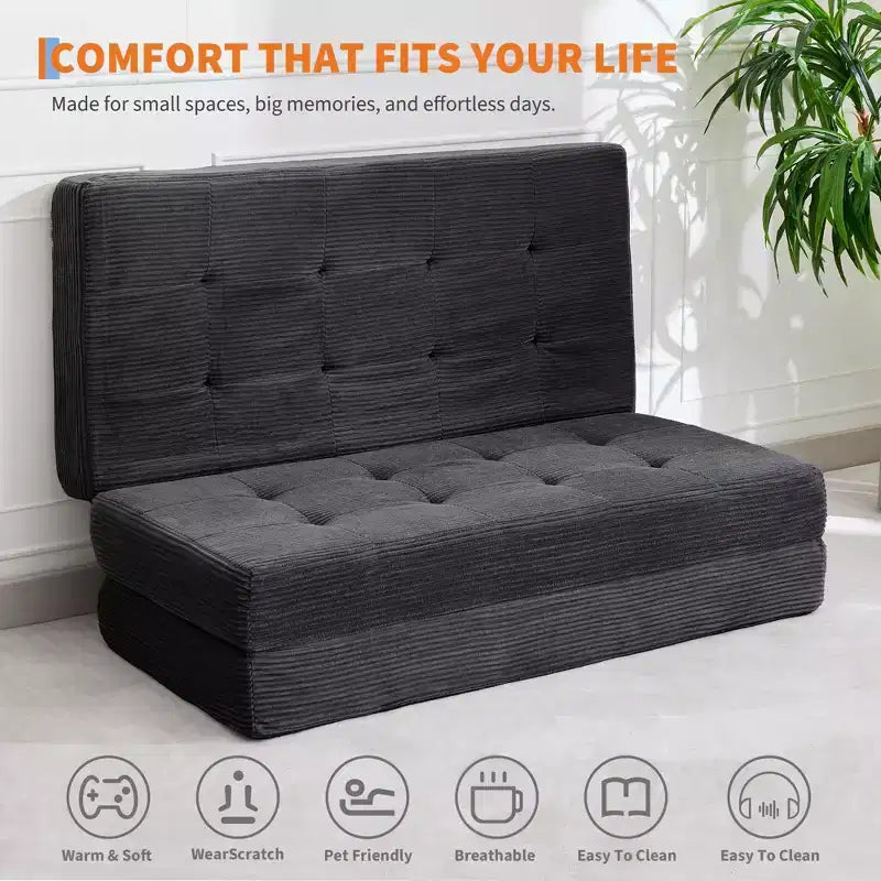 Matelas pliant Tri-Fold 75x39 pouces, 6 pouces d'épaisseur, en velours côtelé, lit d'appoint en mousse capitonnée, canapé portable et matelas de sol pour le camping et le salon