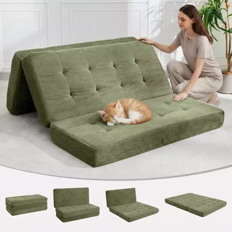 Matelas pliant Tri-Fold 75x39 pouces, 6 pouces d'épaisseur, en velours côtelé, lit d'appoint en mousse capitonnée, canapé portable et matelas de sol pour le camping et le salon